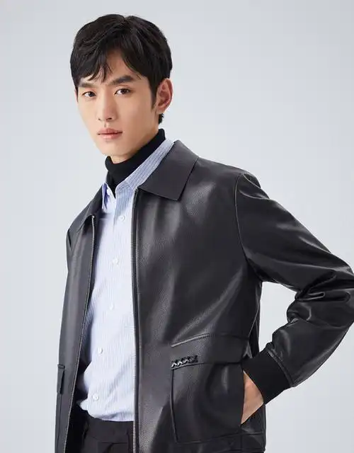 太平鸟男装绵羊皮真皮皮衣翻领商务皮衣外套男休闲夹克荔枝皮纹路