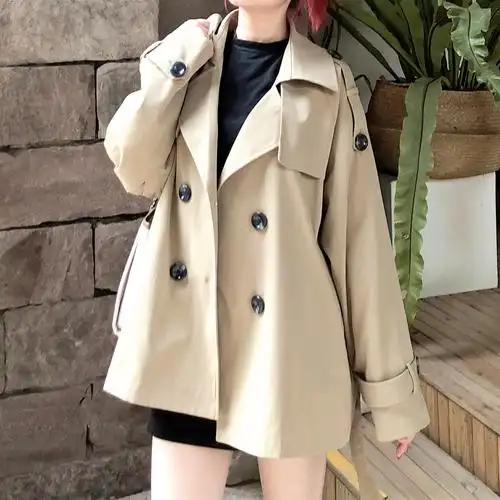 ame小个子宽松翻领短款风衣女韩版显高上衣双排风衣