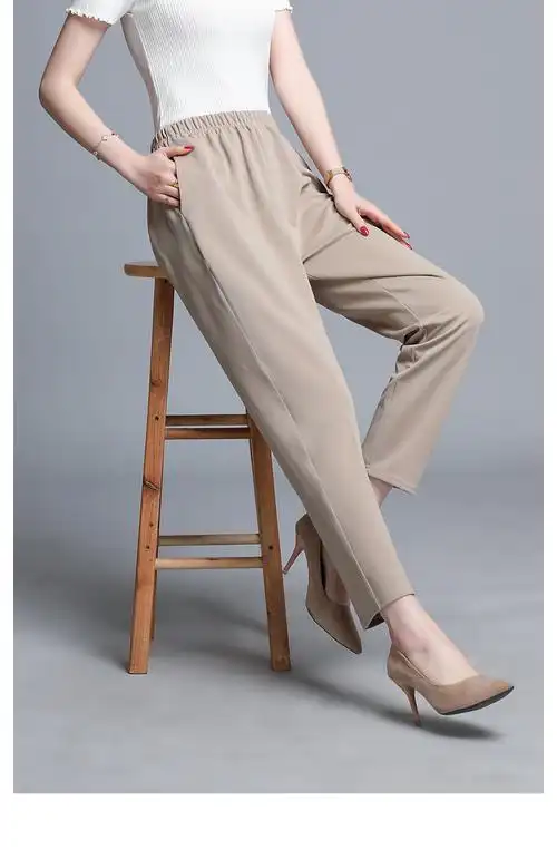 逸白色阳妈妈春装洋气萝卜裤中年女夏装休闲直筒裤中老年小脚裤外穿女