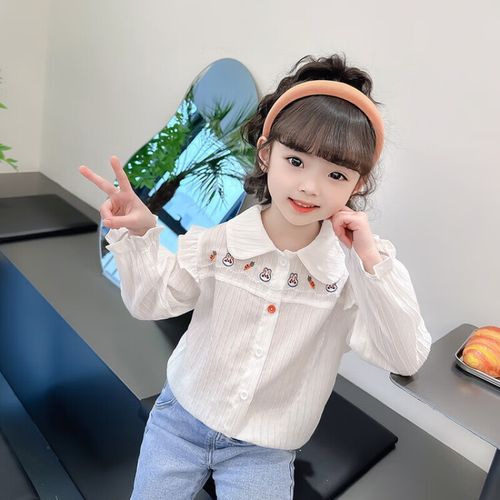 圆圆米米儿童衬衫春装2024新款小女孩白色娃娃领长袖打底上衣女童衬衣