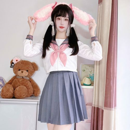 ukcf灰粉三本水手服百褶裙套装四季学生班服jk制服 粉三本长袖 短裙