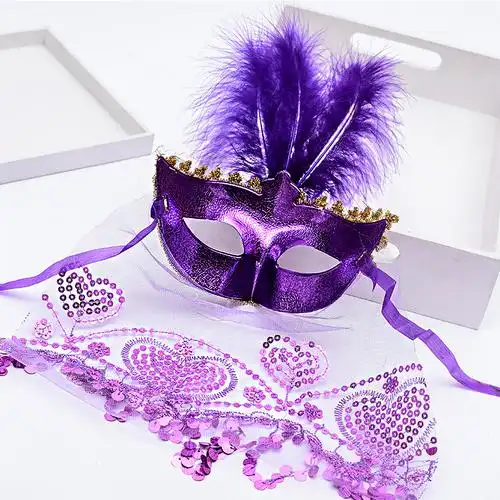 厂家供应 优质三根羽毛蒙面面纱面具万圣节化妆舞会蕾丝面具批发