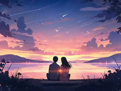 情侣紧挨着坐在一起的背影唯美浪漫情人节爱情双人手绘插画温馨氛围感