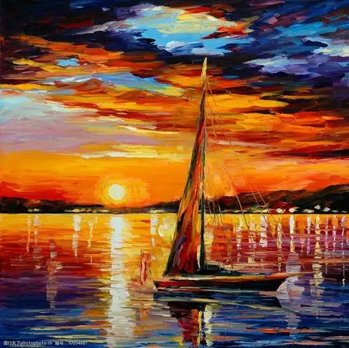手绘欧式海景帆船油画图片