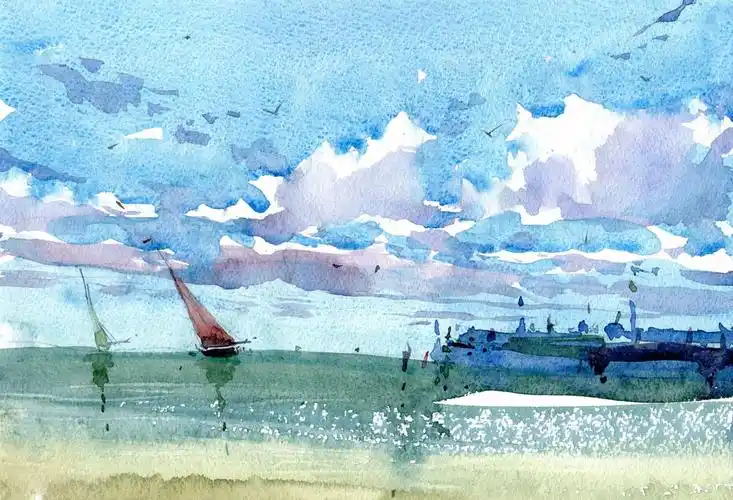 蓝色帆船大海画