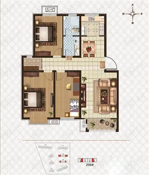 206#209#c户型-三室两厅一卫-104平米