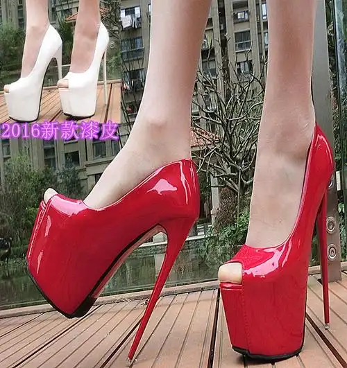 一折漆皮红色婚鞋细跟鱼嘴_恨天高秋冬超细跟17cm超高跟夜店性感漆皮