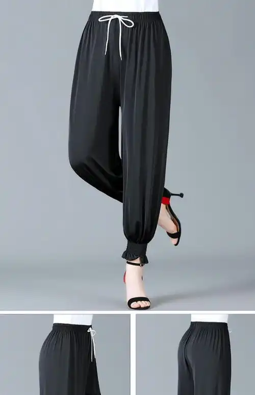 中老年女装夏季冰丝灯笼裤女裤薄款妈妈民族束脚九分裤宽松印花裤子佳