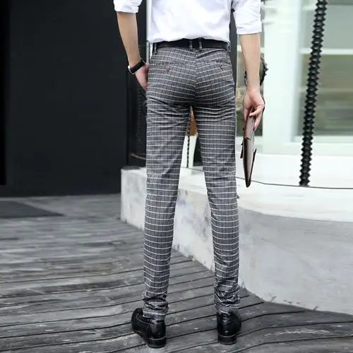 2016夏季男士韩版修身休闲裤英伦格子裤春装男裤直筒小脚长裤子潮