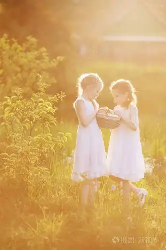 两个小女孩在日落时和可爱的小鸭子在一起. 日落