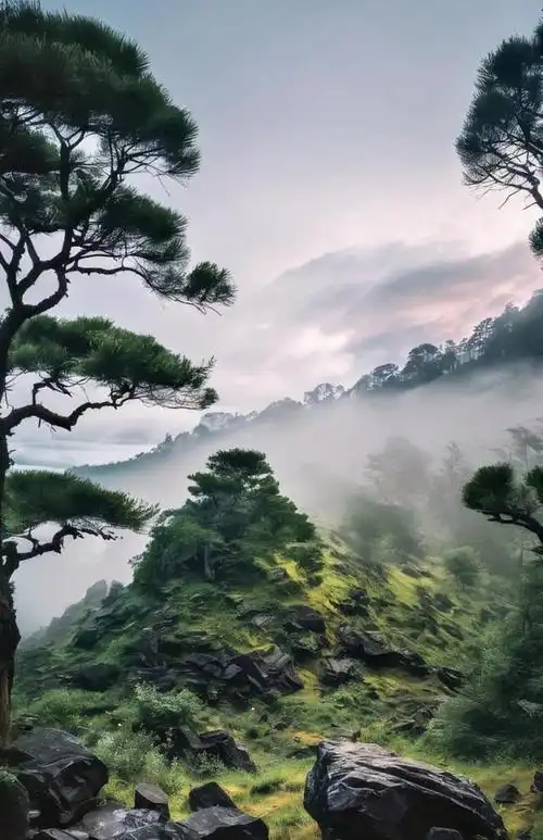 山岳巍峨雾松柏的美景是大自然赐予我们的瑰宝