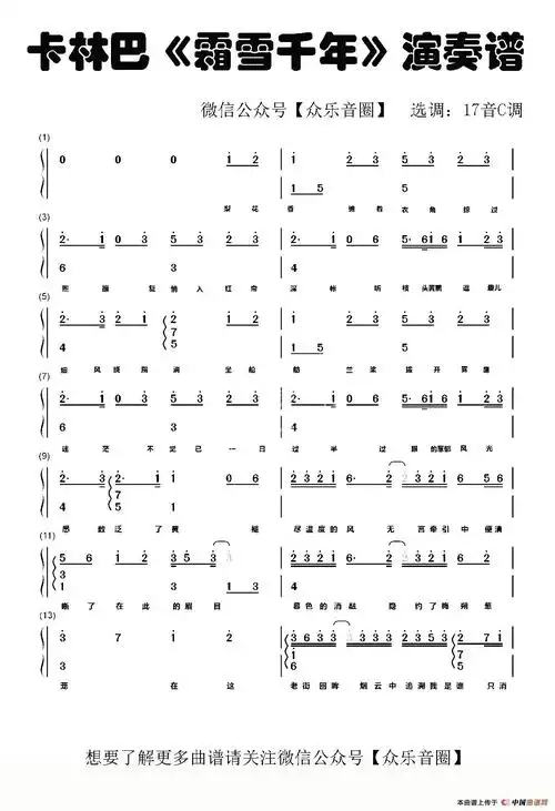 霜雪千年(拇指琴卡林巴琴和弦简谱)