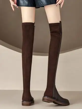 修腿时尚麂皮绒拼接超长长筒靴女齐腿弹力靴时尚平底过膝靴棕色单里34
