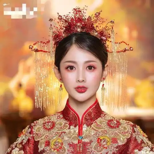 禾秀服新娘头饰新娘秀禾头饰2020新款女中式婚礼红色流苏凤冠古装