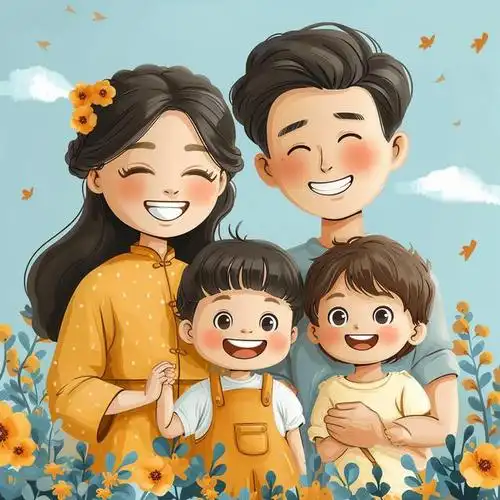 亲子头像|2024一家四口哥弟|亲子照卡通插画