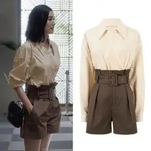 小舍得南俪宋佳同款衣服气质黄色衬衫夏季高腰咖啡色花苞短裤套装