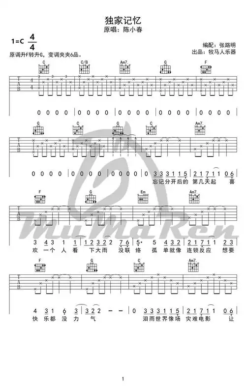 独家记忆吉他谱我不是伟人吉他谱c调简单版弹唱六线谱