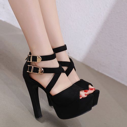 粗跟凉鞋女 13cm超高跟防水台女鞋夜店性感厚底交叉双扣t台走秀鞋