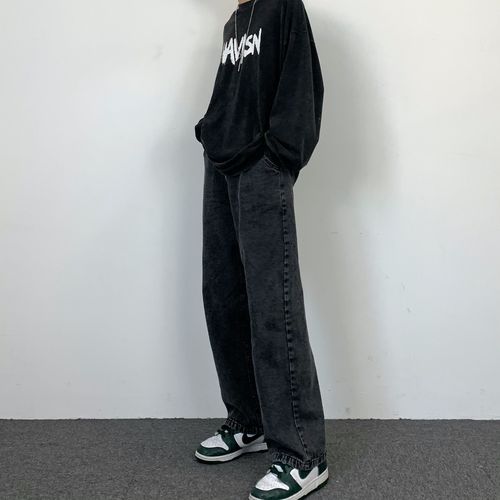 妈个鸡妈韩国ins秋季潮流做旧黑灰灰色直筒牛仔裤