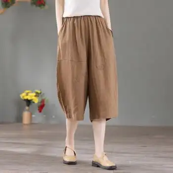亚麻七分裤女夏复古宽松薄款女夏季休闲拼接松紧腰棉麻中裤子咖色均码