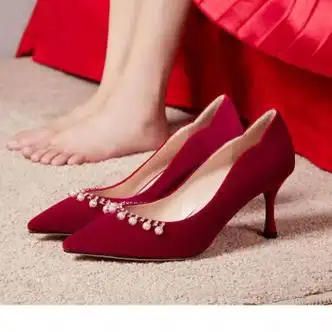 5厘米34标准码>至灵(zhiling)中式红色秀禾鞋婚鞋女酒红色高跟鞋