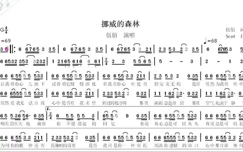 挪威的森林(伍佰演唱)--动态简谱