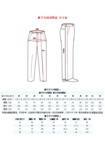 《裤子尺码对照表尺寸表尺码对照表2).doc