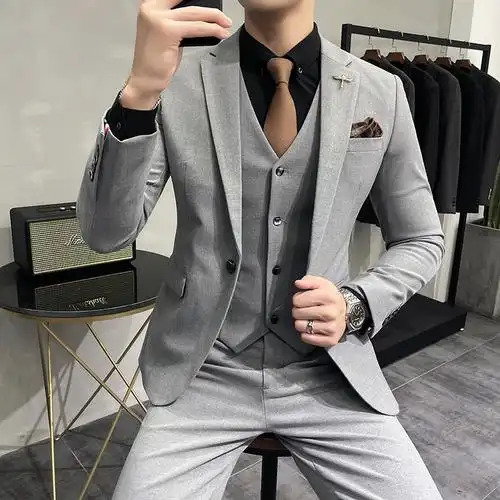 kang休闲大码男装纯色西服套装男士三件套修身帅气新郎结婚礼服西装潮