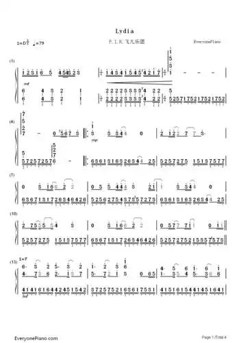 lydia-斗鱼-飞儿乐团双手简谱预览