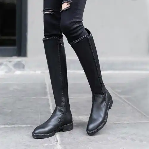 高跟骑士靴女不过膝显瘦英伦风皮面长筒靴宽筒平底小个子长靴高筒