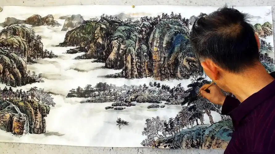 吴作成山水画《江南好风光》染色部分,大笔罩染,反复递加