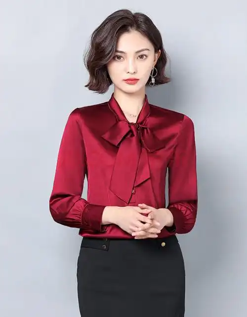 系带蝴蝶结雪纺衫长袖衬衫女装ol职业简约色衬衣绸缎亮面上衣 酒红色