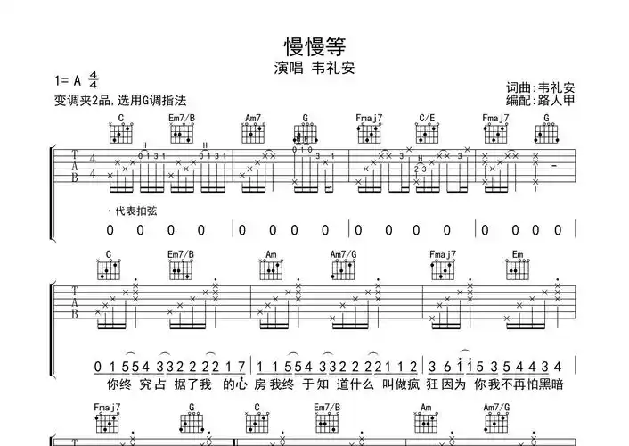 慢慢等吉他谱_韦礼安_g调弹唱六线谱_睿影上传