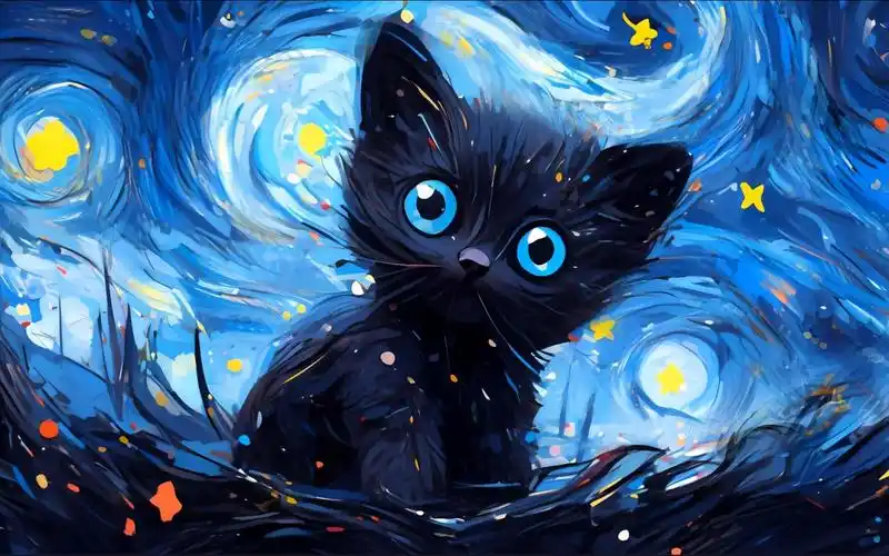 第50期《暗夜喵灵》梵高画风星空下的小猫咪,wallpaper4k高清动态壁纸