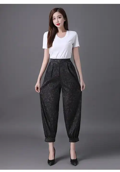 实拍 夏季真丝香云纱灯笼裤宽松大脚花色桑蚕丝长裤大码裤子