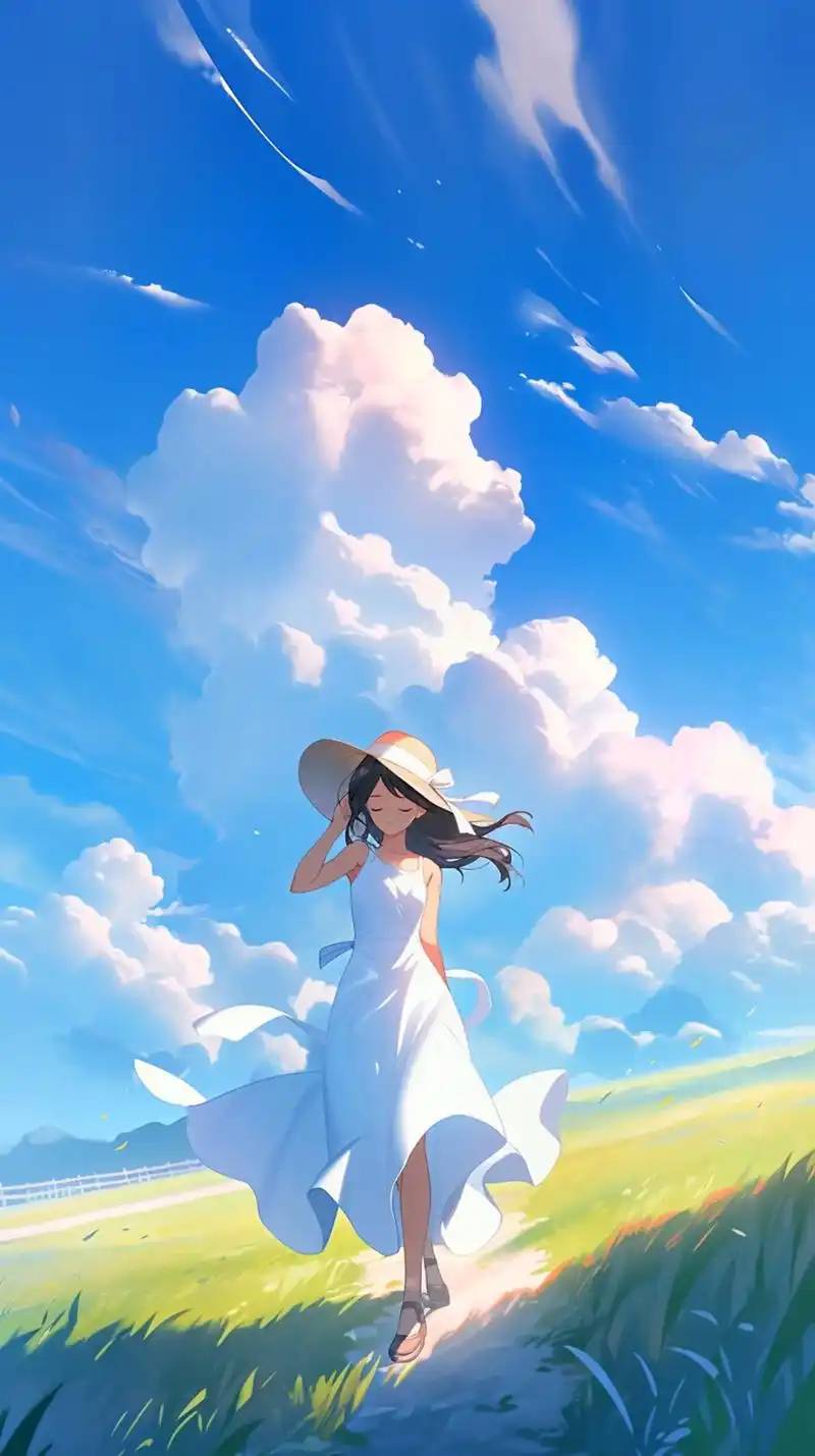 蓝天白云下的女生.#二次元 #治愈系 #动漫 #ai绘画 # - 抖音