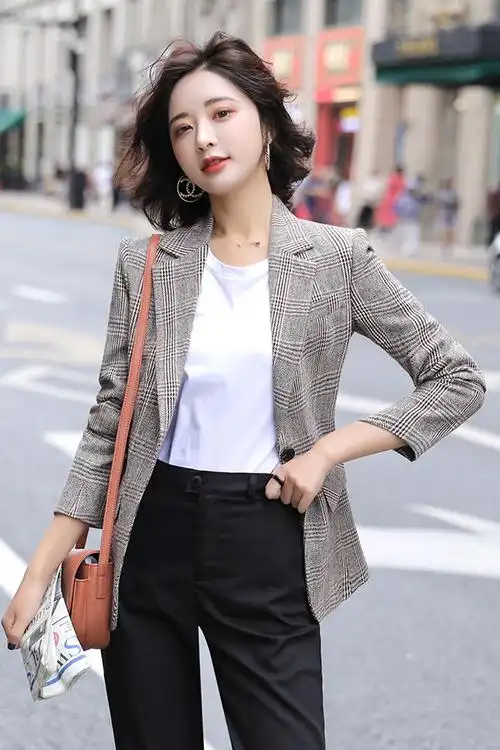 2019格子西装外套女春秋装韩版百搭休闲中长款女士小西服秋季