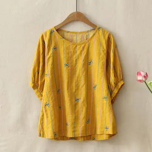 t恤女夏季宽松短袖百搭新款文艺打底衫简约休闲蝴蝶印花棉麻上衣