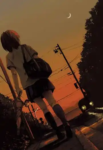 黄昏,行走在马路上,背着背包手拿雨伞的短发短裙动漫女人唯美背背影