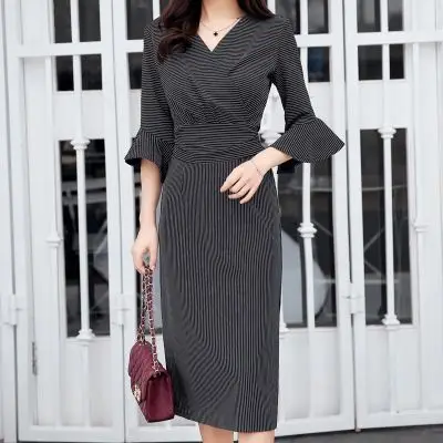 韩版修身连衣裙中长款高腰开叉一步裙新款条纹中袖女裙系带裙