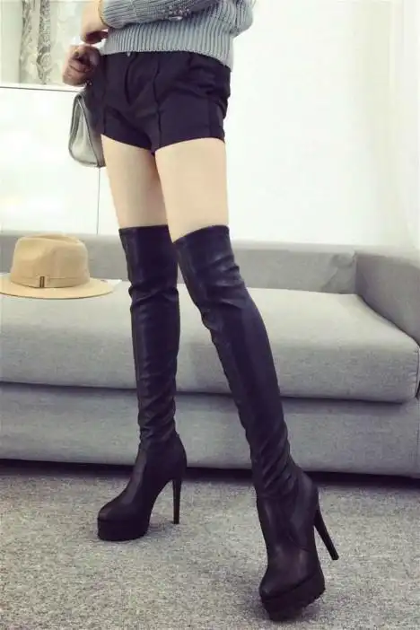 欧美范性感夜店弹力瘦腿长靴细跟防水台显瘦弹力靴超高跟过膝女靴子
