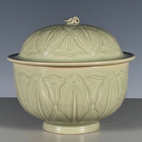 古董瓷器 宋越窑青瓷秘色釉浅雕图纹盖碗精品老货包老