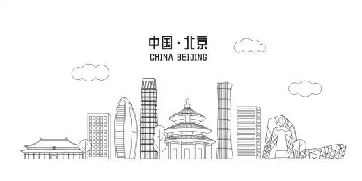 北京城市天际线黑白线条矢量插画