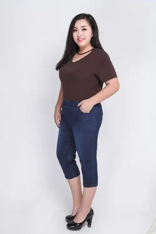 2019夏季新款加肥加大码牛仔裤女胖mm200斤高腰弹力七分牛仔裤潮