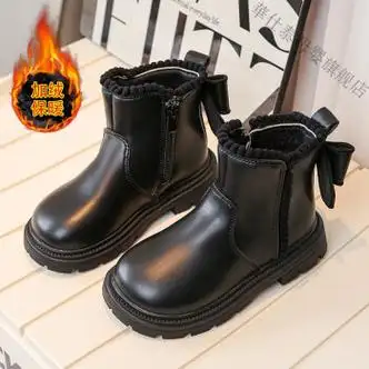 迪士尼童鞋冬季保暖儿童靴子女童马丁靴女童加绒防滑厚底短靴学生皮