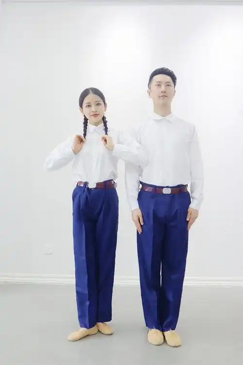 80年代怀旧服装知青学生老师合唱服农民收割演出服芳华2021蓝色裤子女