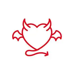 恶魔爱与恶魔翅膀角和尾巴图标. 简单的心插图线风格标志模板设计.