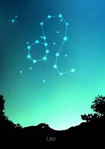 狮子座山狮子座星座与森林的景观剪影在美丽的星空与银河和空间后面.