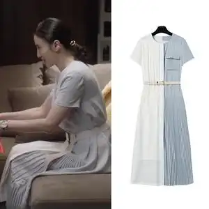 tuxee小舍得南俪宋佳明星同款夏季中长款裙子蓝白拼接百褶连衣裙