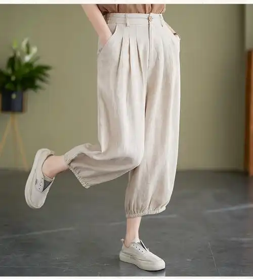 实拍现货夏季新款大码棉麻女裤洗水直筒九分裤纯色复古阔腿裤女 - 17